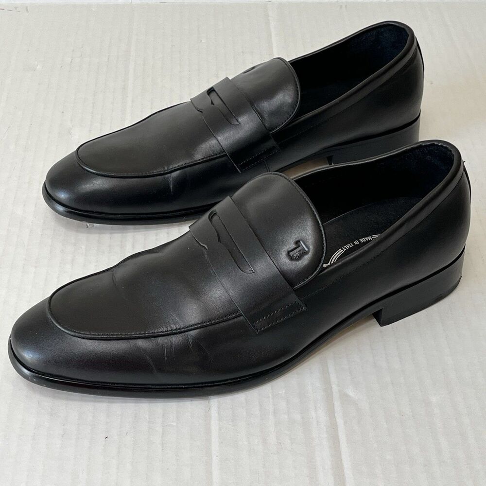 Tod's Men's Black Leather Stamped Logo Penny Loafers Slip On Shoes EU 43 US 10